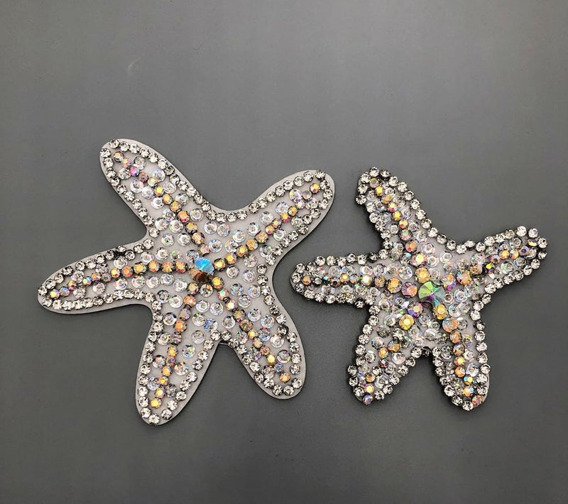 ESH7 2 Pcs Bling Starfish Rhinestone Crystal Bead Sequins Applique Patches, Sew On Stars Patch DIY Decorative for T-Shirt Dress Clothing Jeans Jackets Handbag Clothes - Image 1